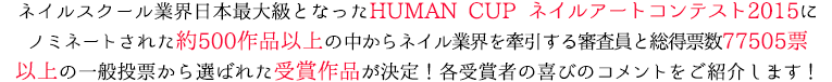 ネイルスクール業界 日本最大級規模となったHUMAN CUP ネイルアートコンテスト2013にノミネートされた約500作品以上の中からネイル業界を牽引する審査員と総得票数3万票以上の一般投票から選ばれた受賞作品が決定！各受賞者の喜びのコメントをご紹介します！